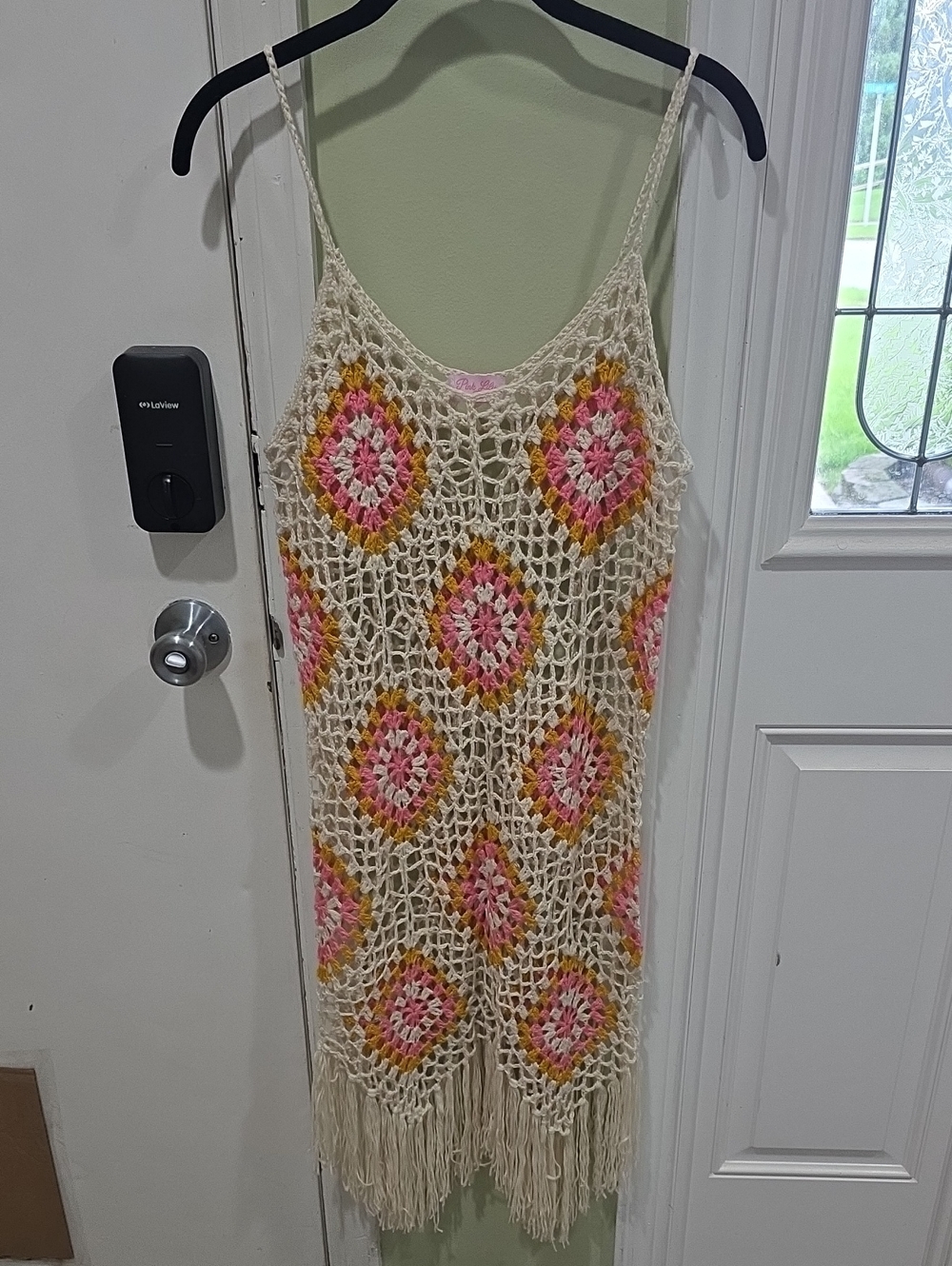 Pink Lily Crochet Fringe Swim Coverup in Cream, Pink & Mustard